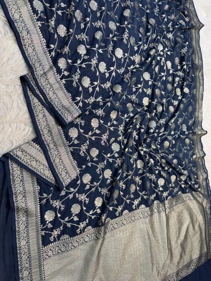 Blue shade khaddi georgatte premium Banarasi saree