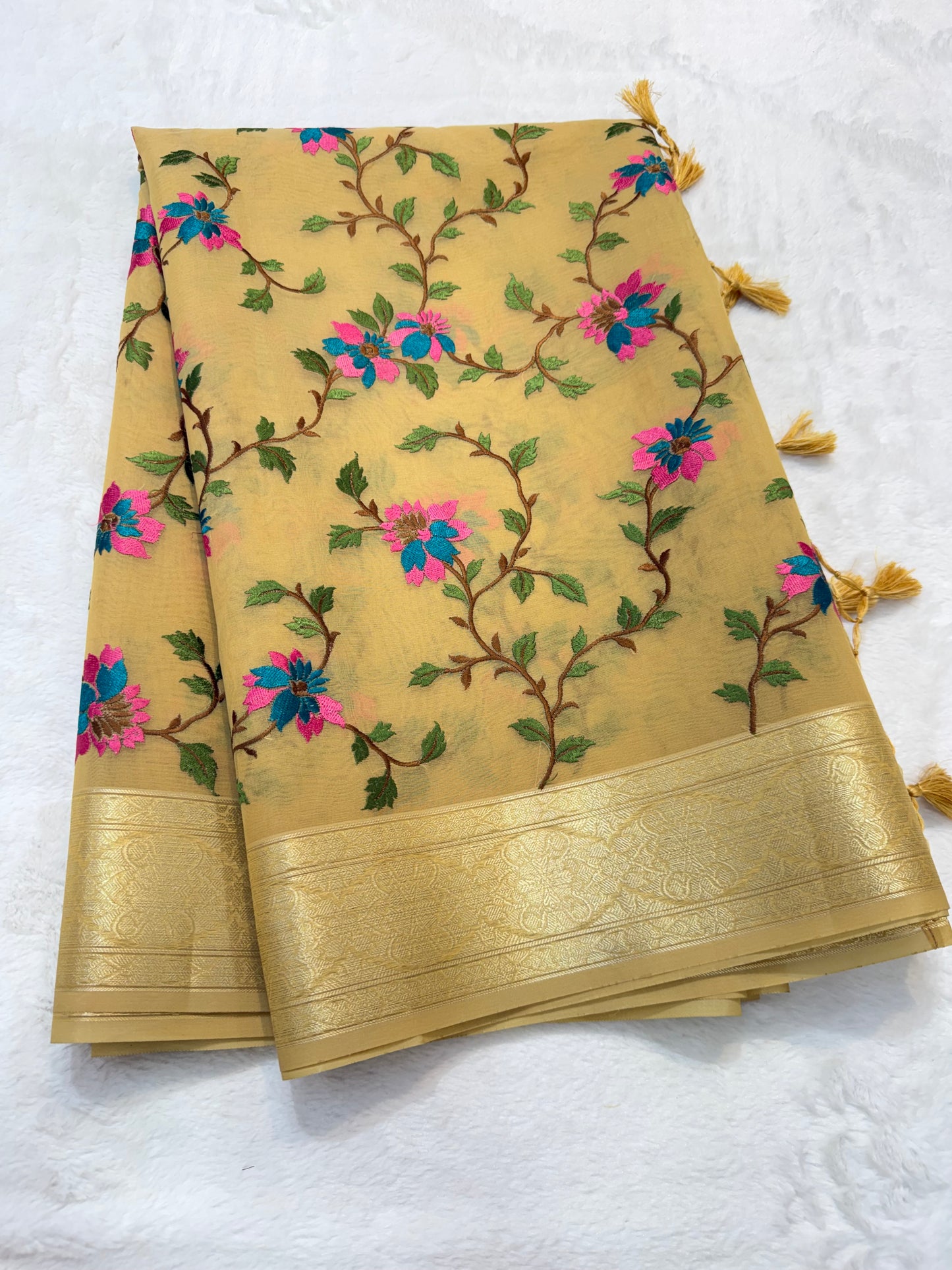 Beige shade organza designer premium embroidery Banarasi saree