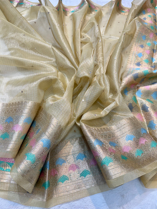 Beige shade tissue kota mirror work premium Banarasi saree