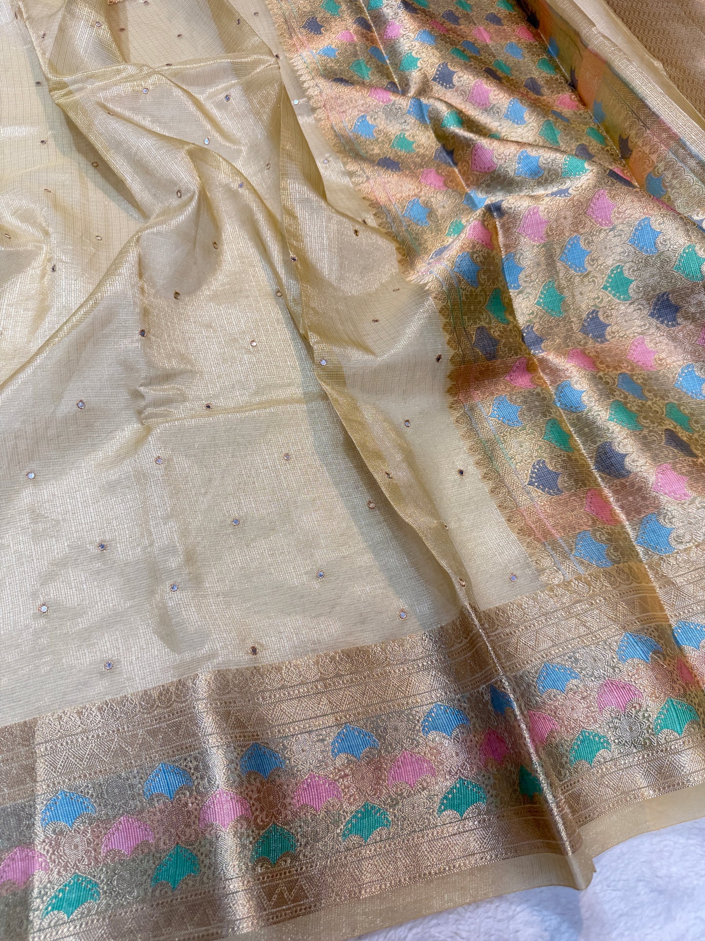 Beige shade tissue kota mirror work premium Banarasi saree