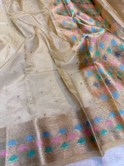 Beige shade tissue kota mirror work premium Banarasi saree