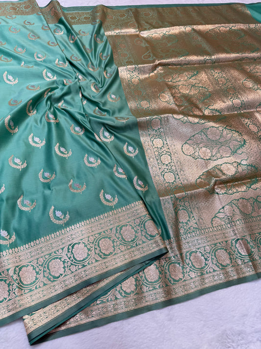 Sea green shade satan katan premium Banarasi silk Saree