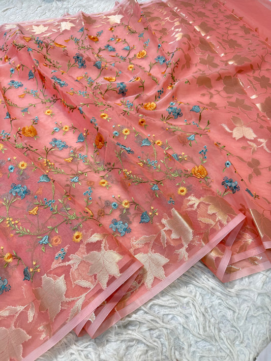 Peach shade kora organza embroidery Banarasi saree