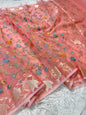 Peach shade kora organza embroidery Banarasi saree