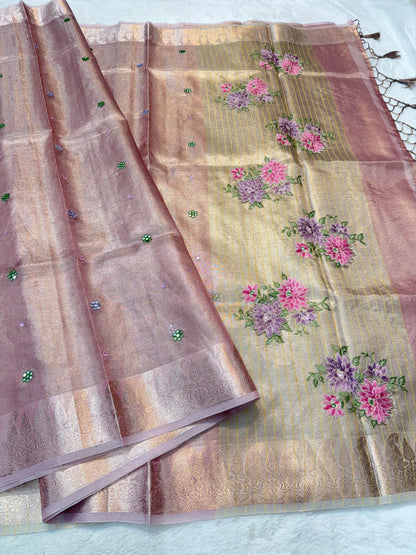 Rose gold kota tissue kota designer embroidery handwork premium Banarasi saree
