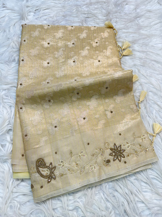 Yellow shade tissue kota designer handwork premium Banarasi saree