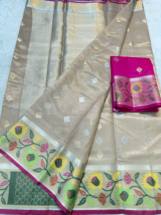 Beige & multicolour shade tissue kota premium paithani border designer banarasi saree