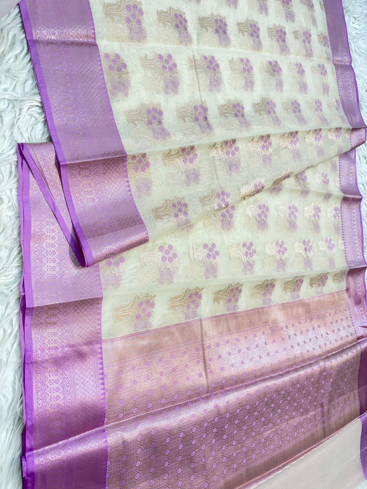 Off white & purple shade cotton premium Banarasi saree