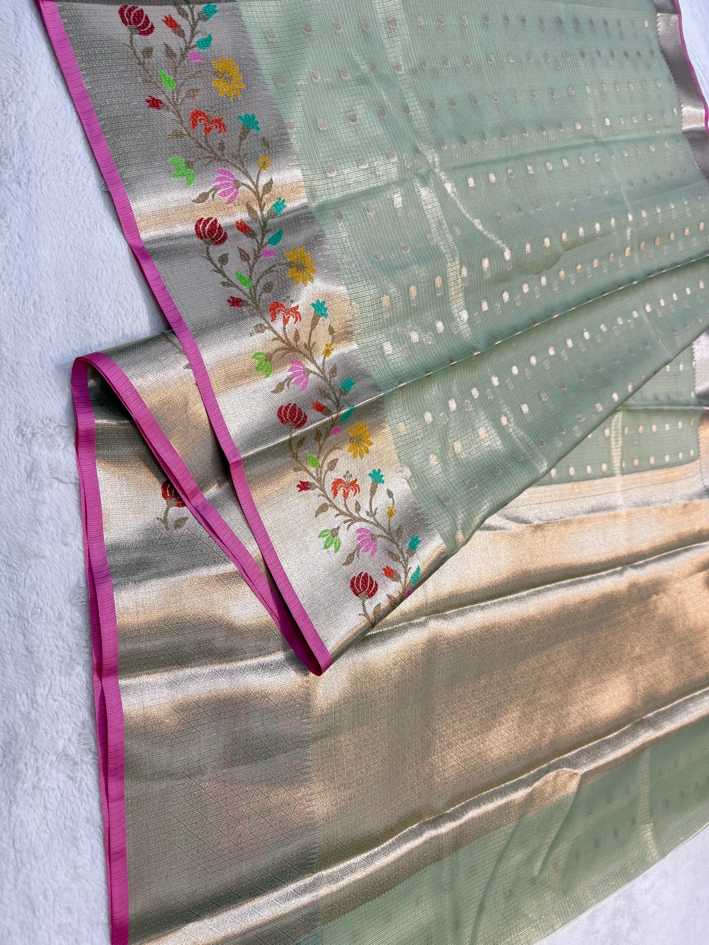 Pista green & multicolour shade tissue kota premium paithani border designer banarasi saree
