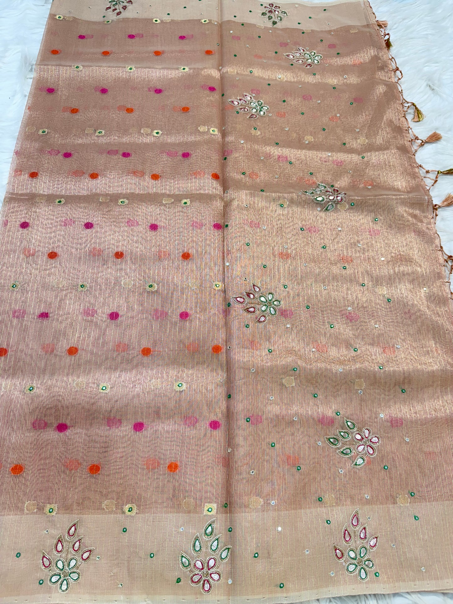 Peach shade tissue kota designer handwork premium Banarasi saree