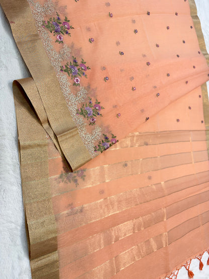 Peach shade linen embroidery Banarasi saree