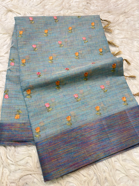 Sea green  shade linen  embroidery Banarasi saree