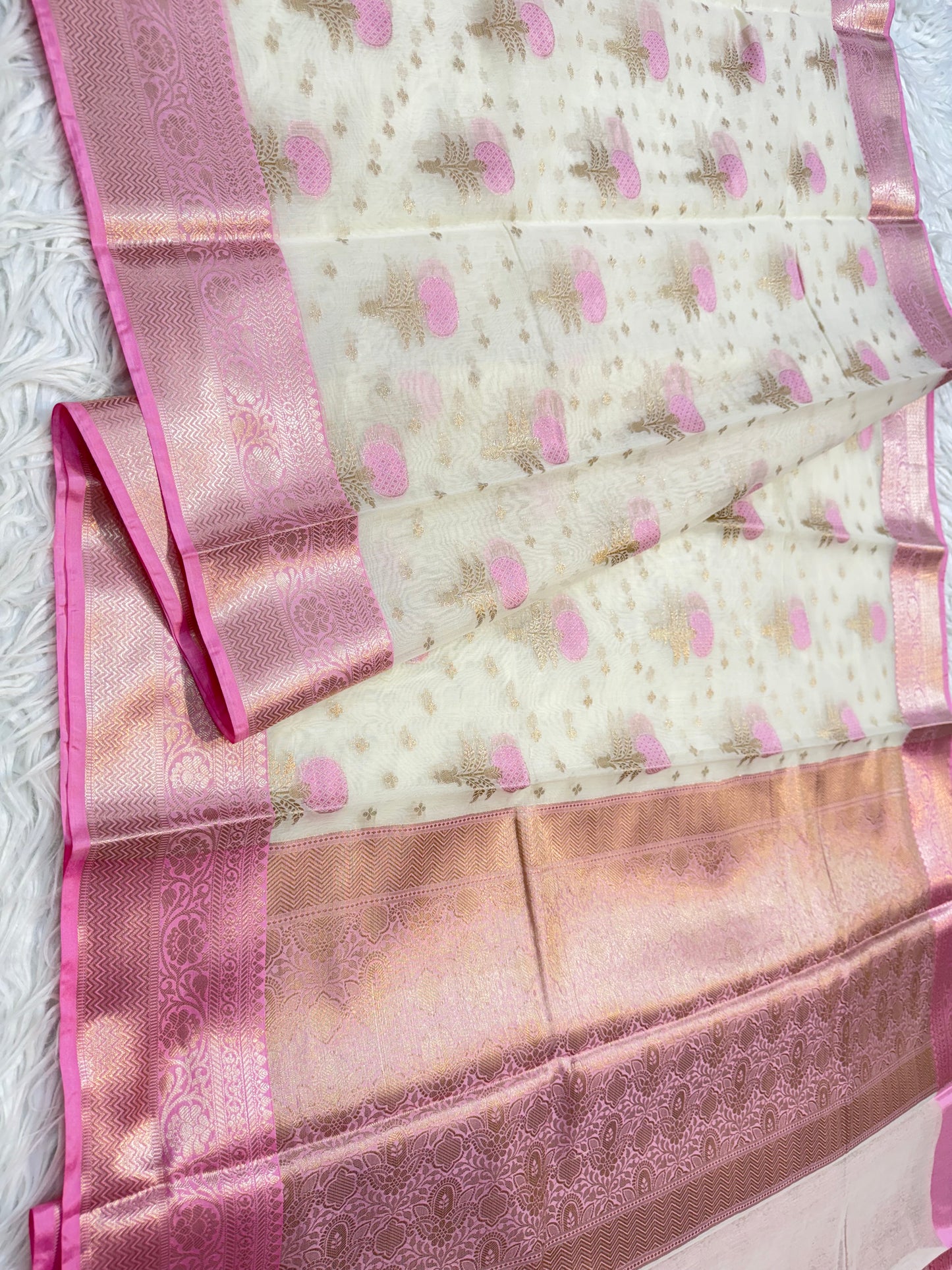Off white & pink shade cotton premium Banarasi saree