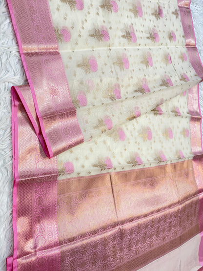 Off white & pink shade cotton premium Banarasi saree