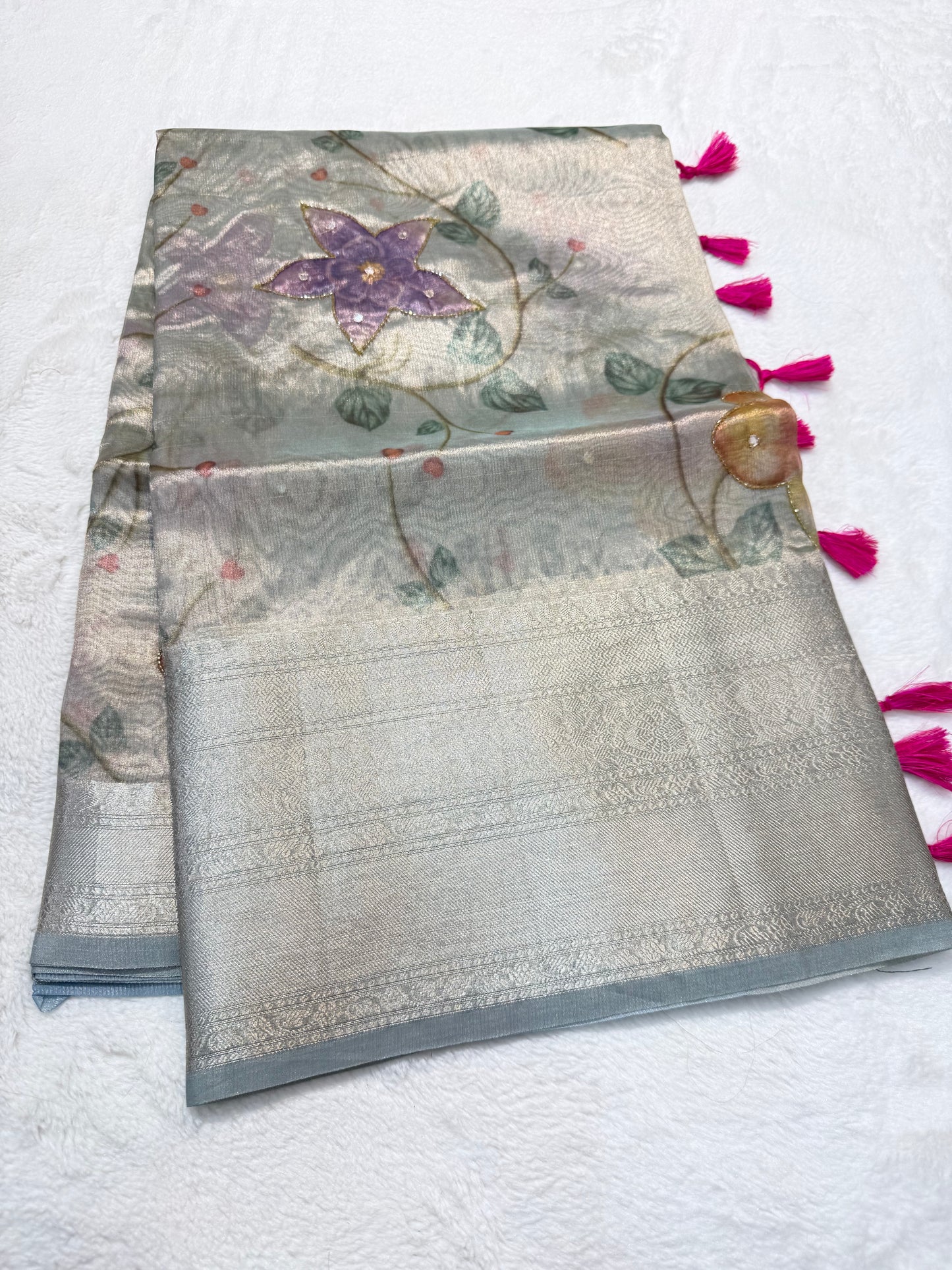 multicolour tissue silk digital print handwork premium Banarasi saree