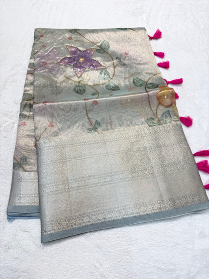 multicolour tissue silk digital print handwork premium Banarasi saree