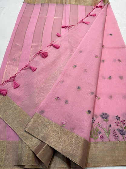 Pink shade linen embroidery premium Banarasi saree