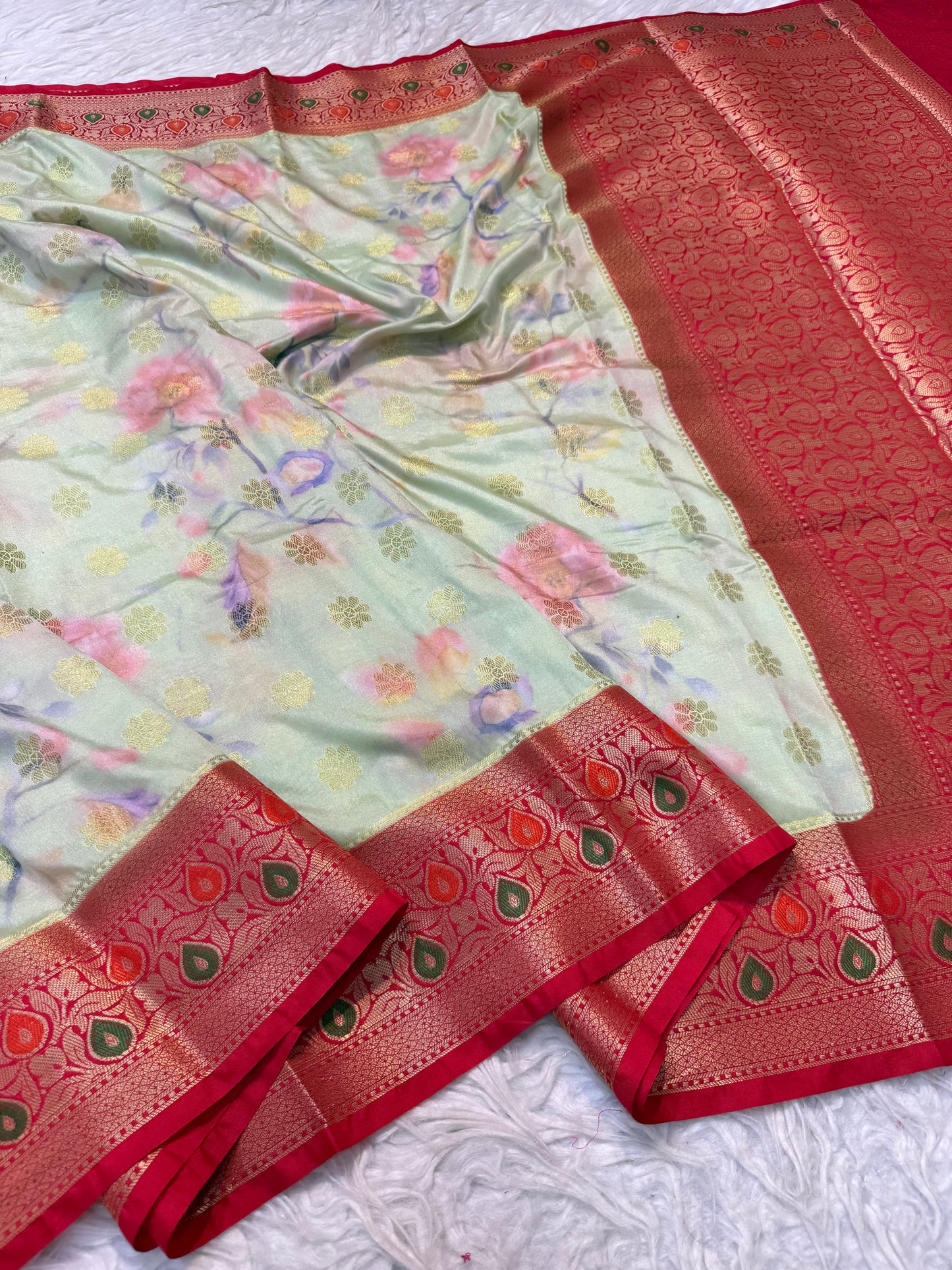 Pista green red & multicolour Dupion silk digital print Banarasi saree