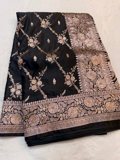 Black shade Bridal Mashru ari & stone Silk Banarasi Saree