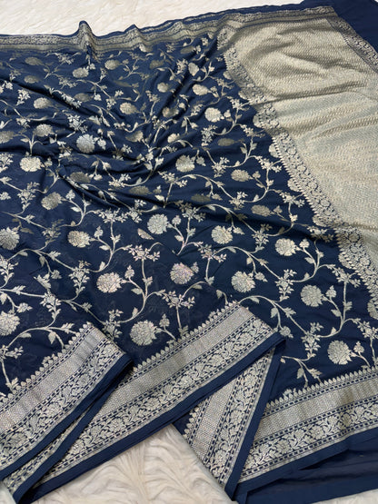 Blue shade khaddi georgatte premium Banarasi saree