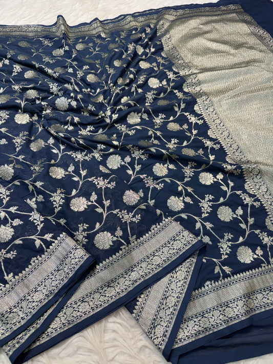 Blue shade khaddi georgatte premium Banarasi saree