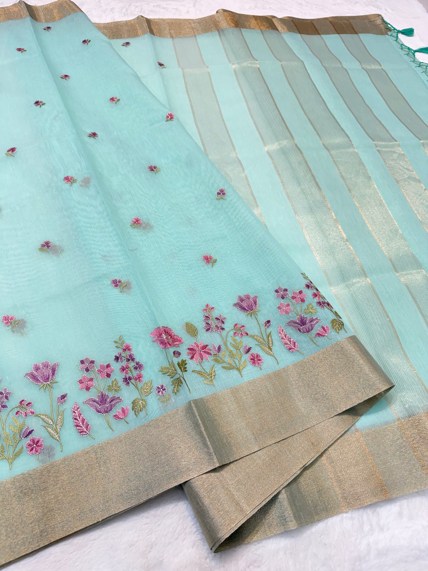 Turquoise shade linen embroidery premium Banarasi saree