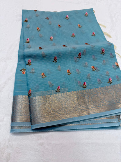 Sky blue shade cotton kota embroidery Banarasi saree