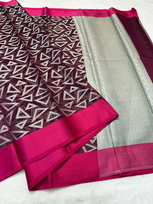 Maroon & royal pink shade kora organza Banarasi saree