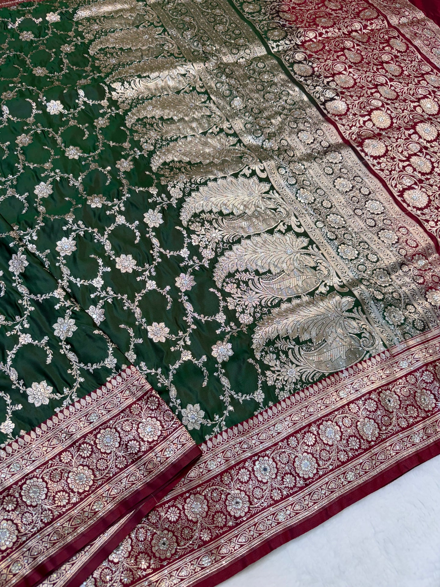 Bottle green & maroon shade Bridal Satan katan ari & stone work Banarasi silk Saree