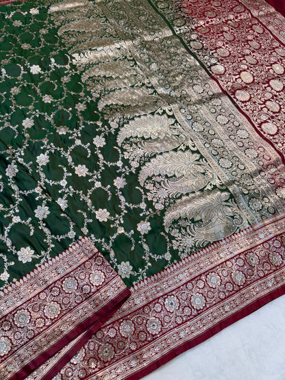 Bottle green & maroon shade Bridal Satan katan ari & stone work Banarasi silk Saree
