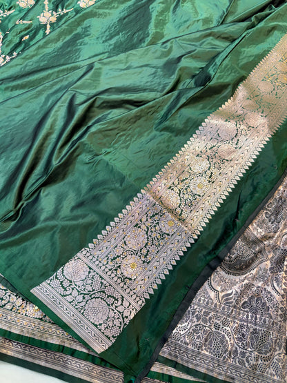 Bottel green shade Bridal Mashru ari & stone Silk Banarasi Saree
