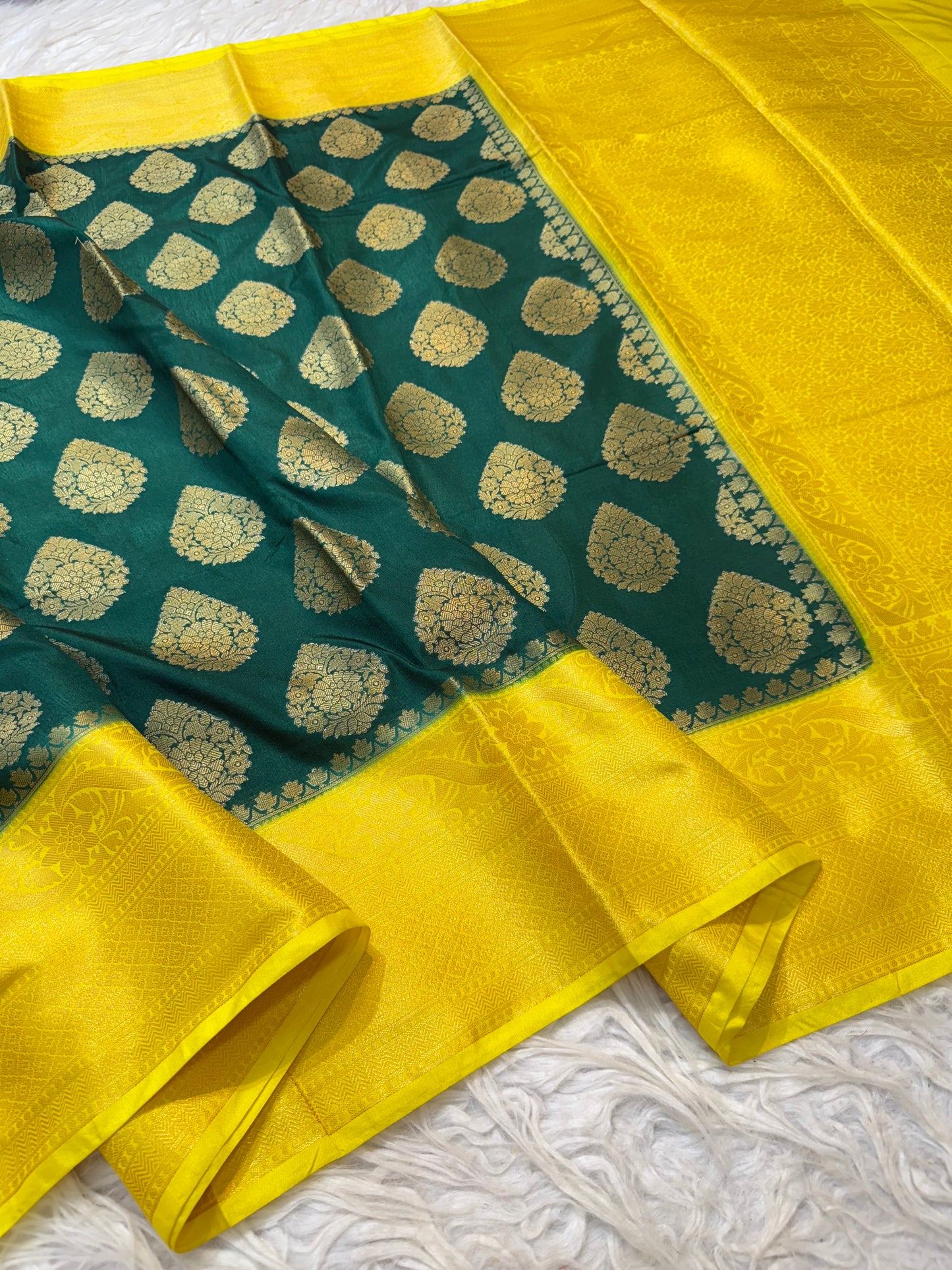 Bottle green & yellow shade Dupion Silk Banarasi Saree 