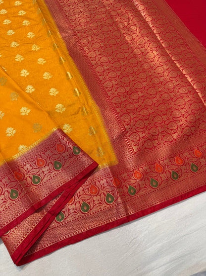 Mango red shade Dupion Silk premium Banarasi Saree