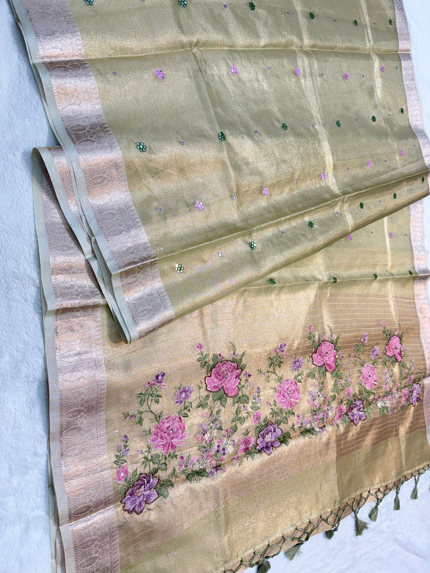 Pista green shade kota tissue kota designer embroidery handwork premium Banarasi saree