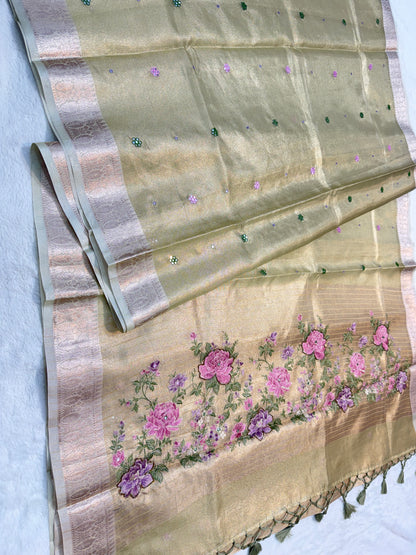 Pista green shade kota tissue kota designer embroidery handwork premium Banarasi saree