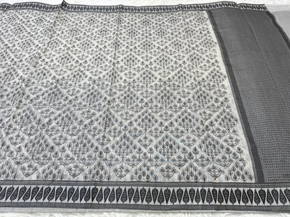 Grey shade cotton kota chickenkari embroidery Banarasi saree