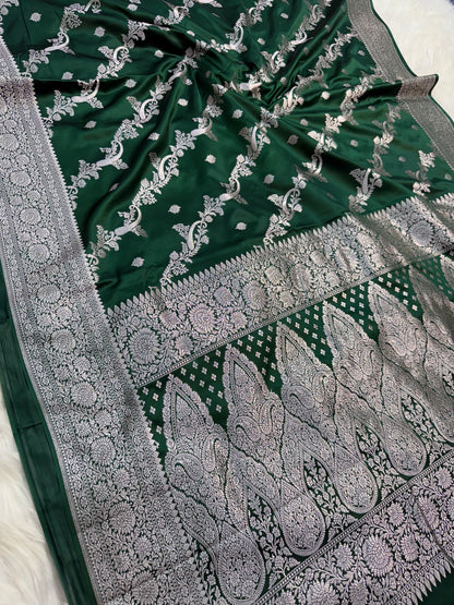 Bottle green premium mashru katan Banarasi saree
