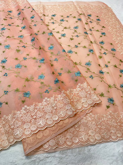 Peach shade organza designer cutwork premium embroidery Banarasi saree