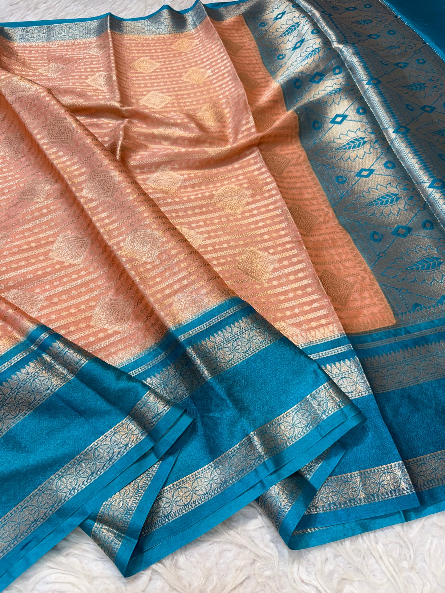 Peach firozi warm silk premium Banarasi saree