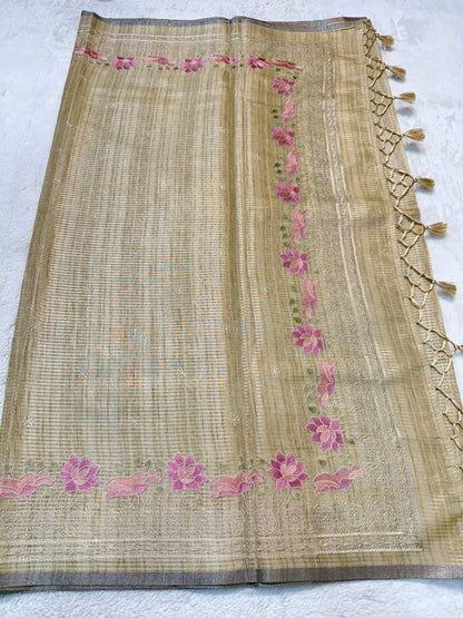 Beige shade Tusser silk designer embroidery premium Banarasi saree