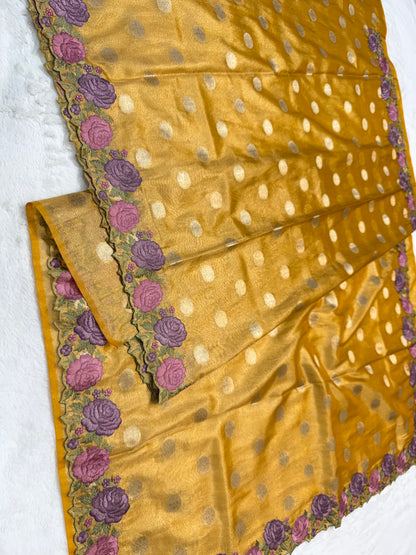 Gold shade tissue cutwork embroidery premium designer Banarasi saree