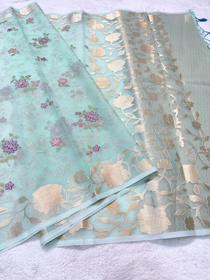 Turquoise shade organza designer  embroidery premium Banarasi saree