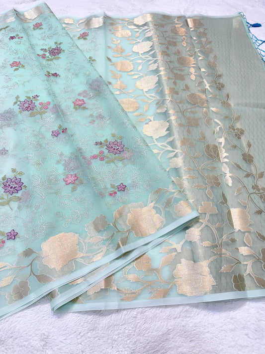 Turquoise shade organza designer  embroidery premium Banarasi saree