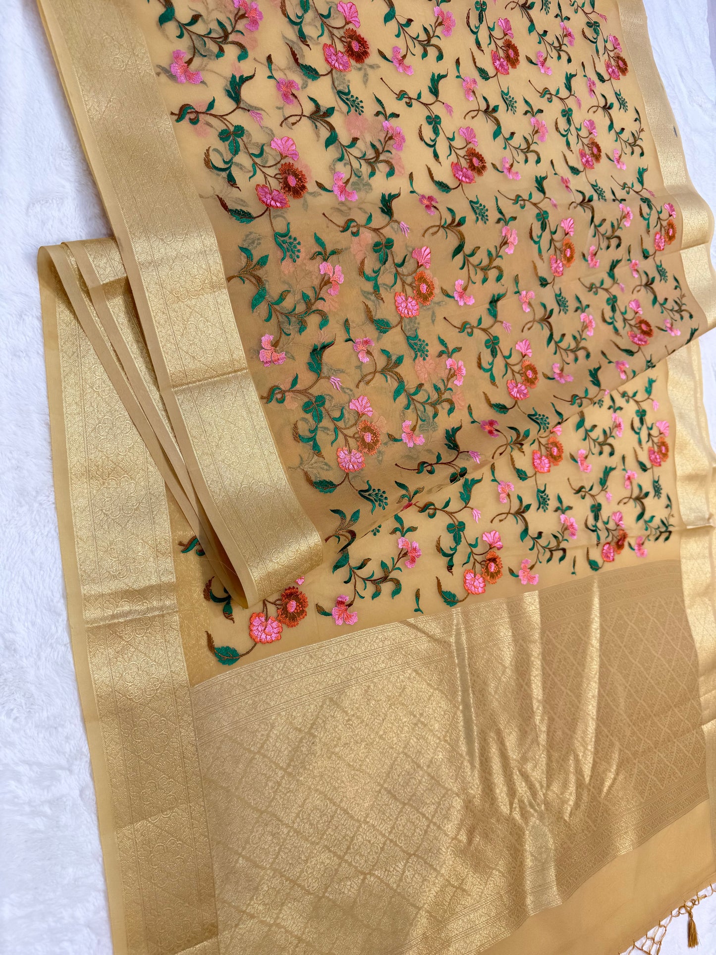 Beige shade organza designer premium embroidery Banarasi saree
