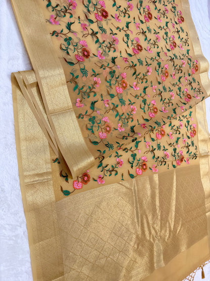 Beige shade organza designer premium embroidery Banarasi saree