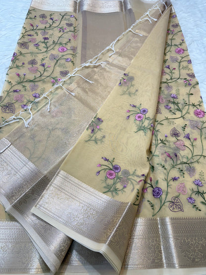 Beige shade organza embroidery Banarasi saree