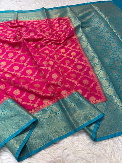 Royal pink firozi shade  Dupion Silk premium Banarasi Saree