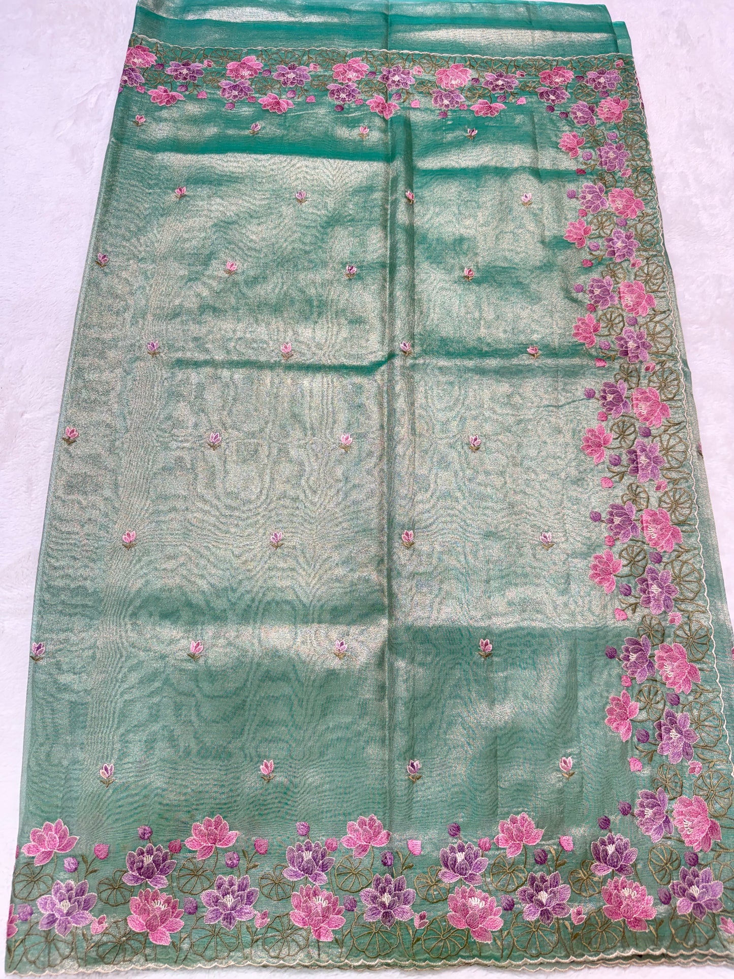Sea green shade tissue cutwork embroidery premium designer Banarasi saree