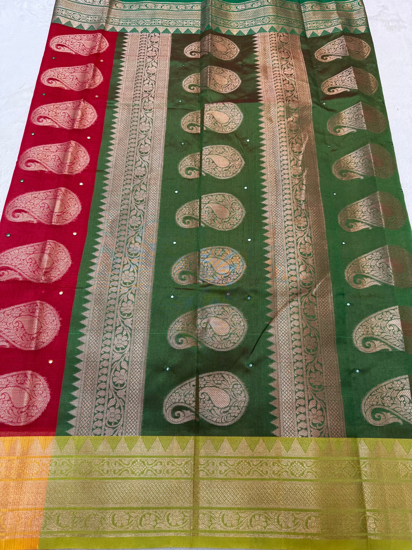 Red & mustard green shade kota mirror work premium Banarasi saree