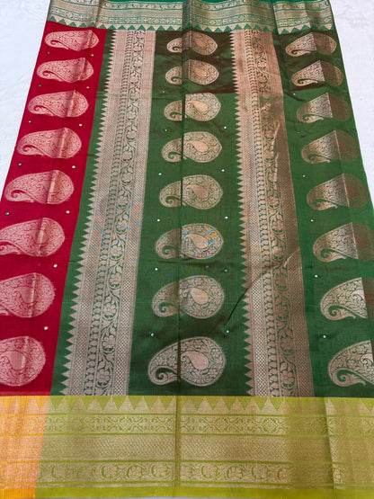Red & mustard green shade kota mirror work premium Banarasi saree